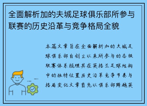 全面解析加的夫城足球俱乐部所参与联赛的历史沿革与竞争格局全貌